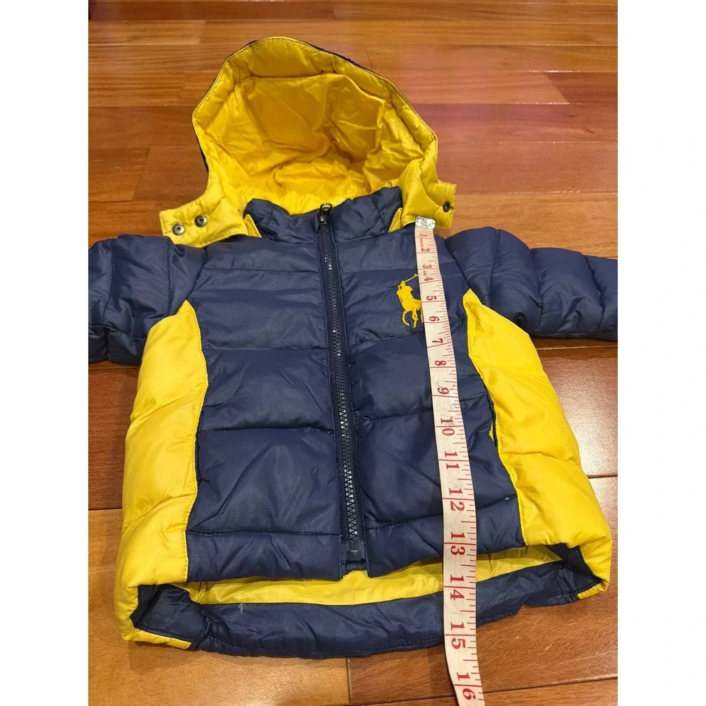 Kids Polo Ralph Lauren‎ Down Puffer Jacket Navy Blue Yellow Logo Hooded 12M